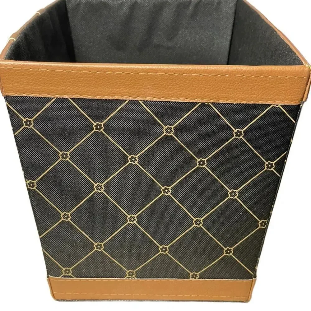 Elegant Black Fabric Storage Bin w/Brown Faux Leather Accents & Monogram Print